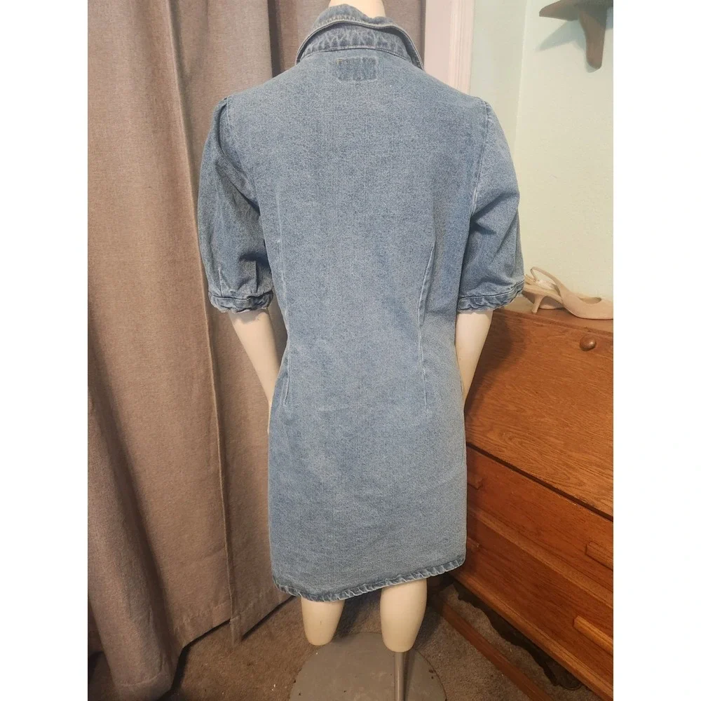 Vtg Velvet Heart 100% Cotton Denim Button Up Dress Puff Sleeve Pockets Y2k  S/M - Picture 5 of 13